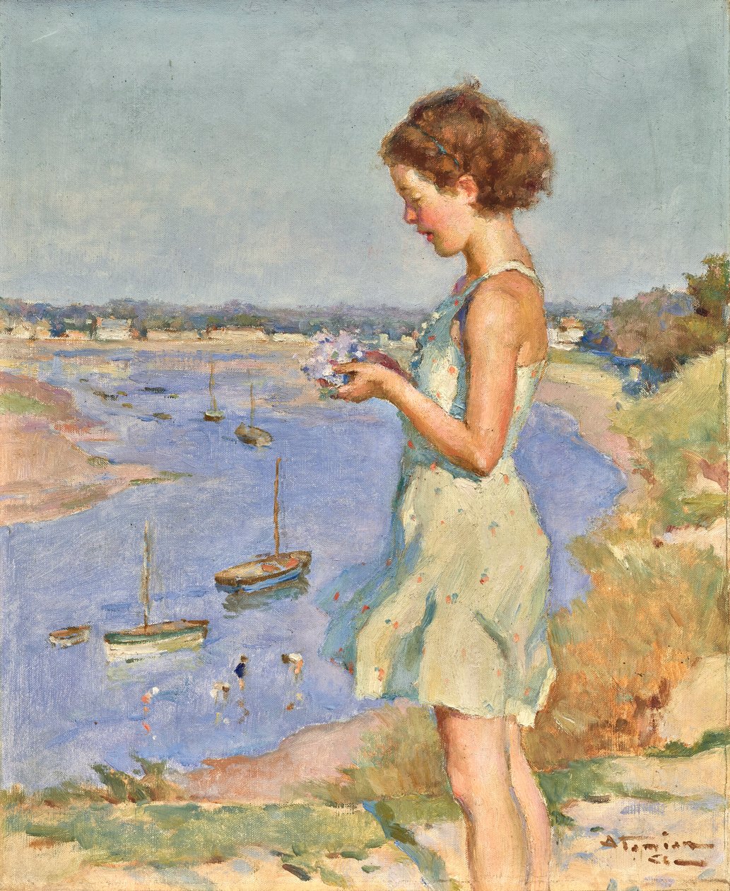 Młoda dziewczyna z niebieską hortensją, Saint-Gilles-Croix-de-Vie autorstwa Charles Garabed Atamian