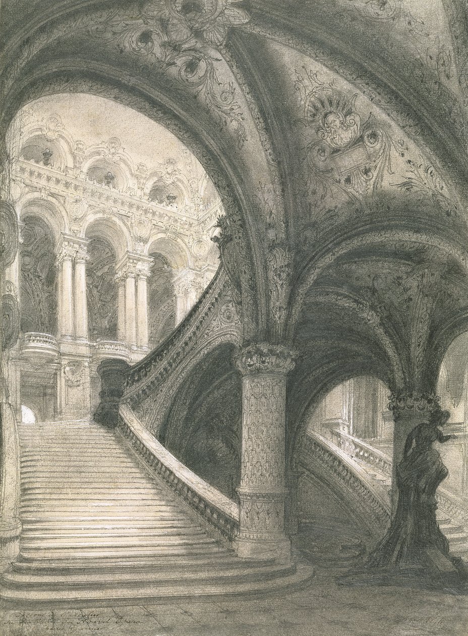 Schody Opery Paryskiej (ołówek i kreda na papierze) autorstwa Charles Garnier