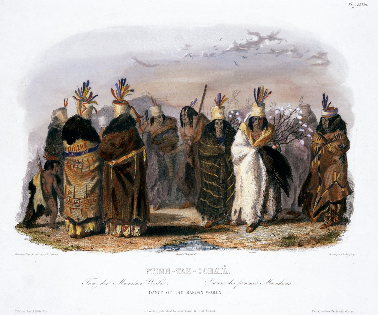 „Ptihn-Tak-Ochata, Taniec Kobiet Mandan”, 1843 autorstwa Charles Geoffroy