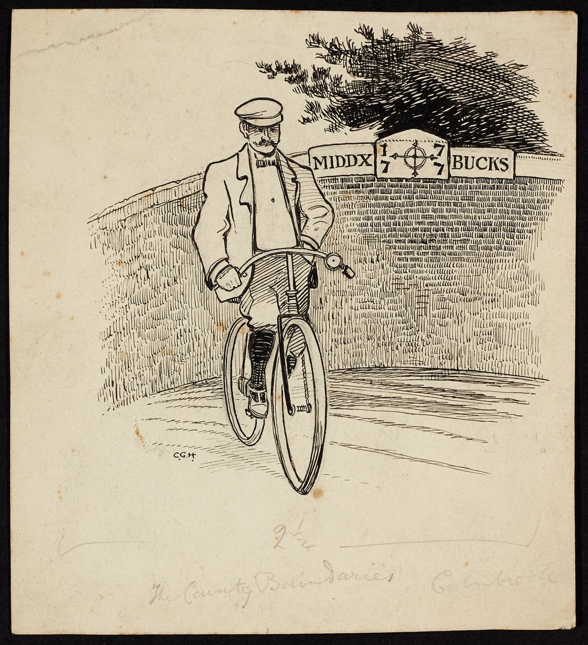 Mężczyzna na rowerze przed znakiem wyznaczającym granicę hrabstwa między Middlesex a Buckinghamshire autorstwa Charles George Harper