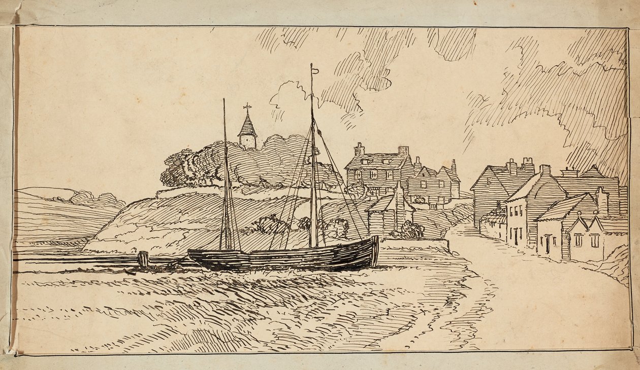 Żaglówka na plaży podczas odpływu, przy ścieżce prowadzącej do wioski autorstwa Charles George Harper