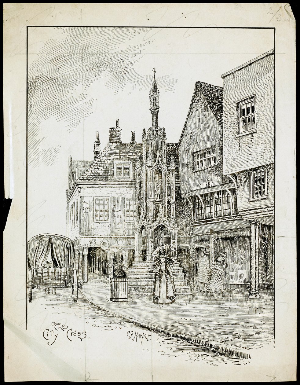 Widok z północno-zachodniej części Butter Cross, High Street, Winchester, Hampshire (pióro i atrament na papierze) autorstwa Charles George Harper