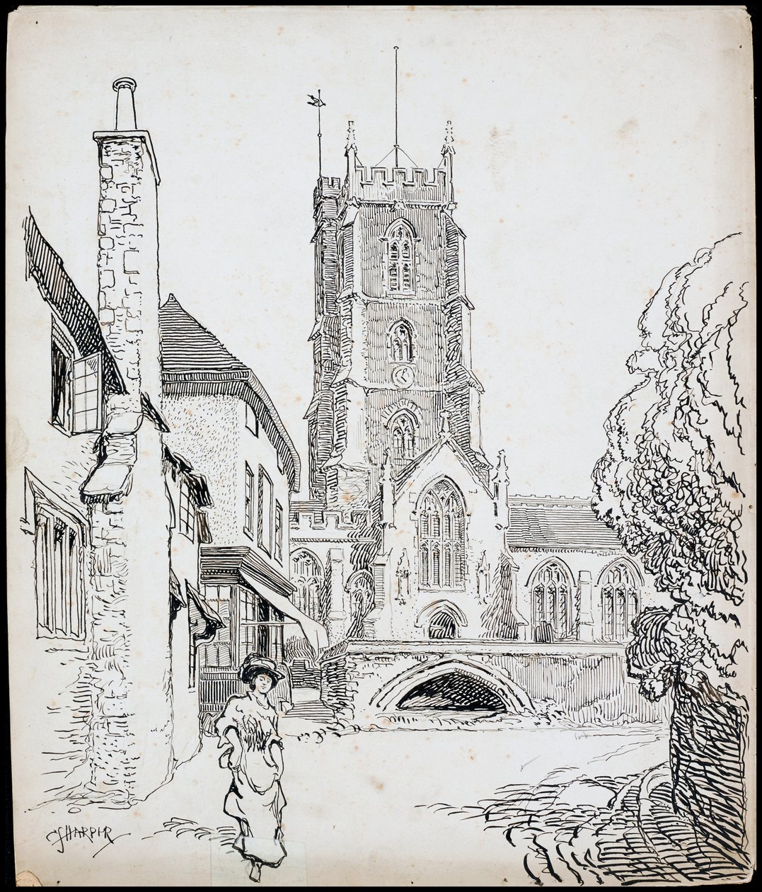 Widok z południa na kościół Priory St George, Dunster, Somerset autorstwa Charles George Harper