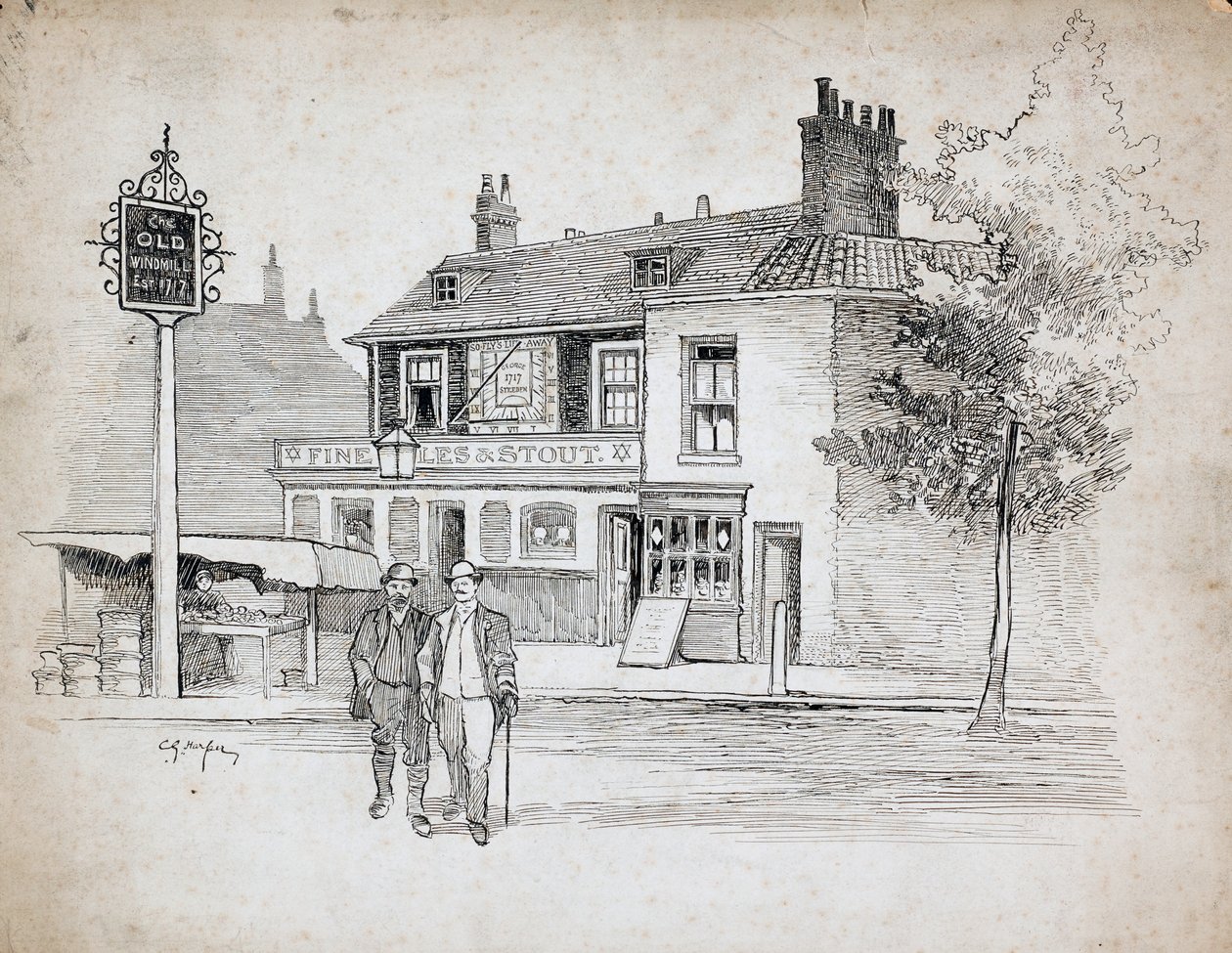 Old Windmill Public House, 214-214 Chiswick High Road, Turnham Green (pióro i atrament na papierze) autorstwa Charles George Harper