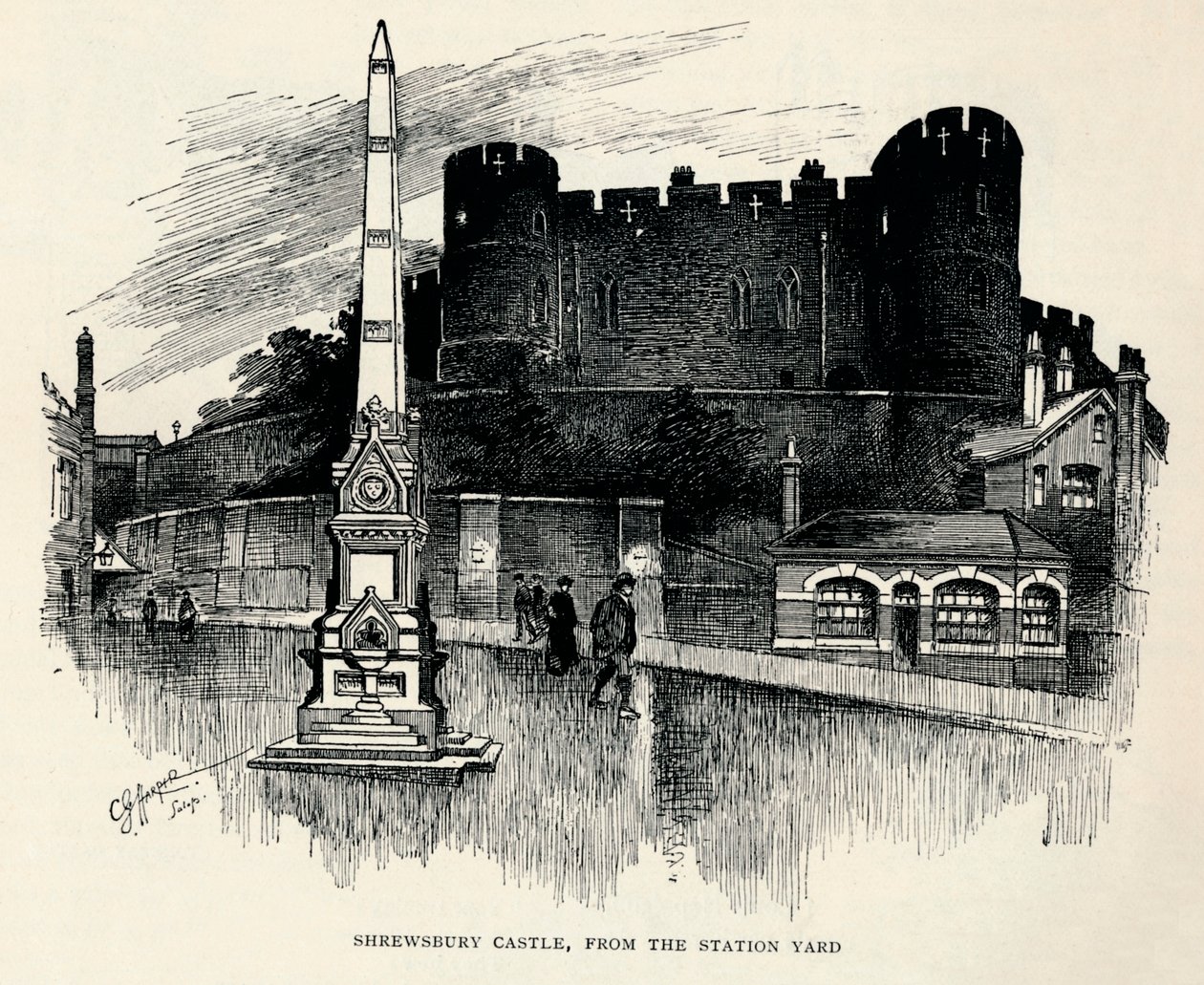 „Zamek Shrewsbury, od dziedzińca stacji”, c1893, 1894 autorstwa Charles George Harper