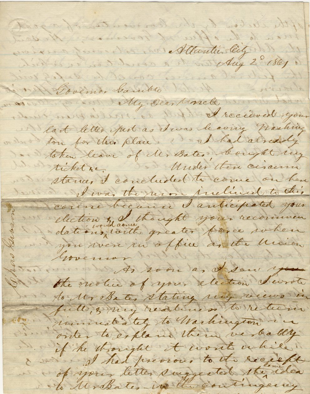 List podpisany C. Gibsona [Charles Gibson], Atlantic City, do gubernatora Gamble [Hamilton R. Gamble], 2 sierpnia 1861 autorstwa Charles Gibson