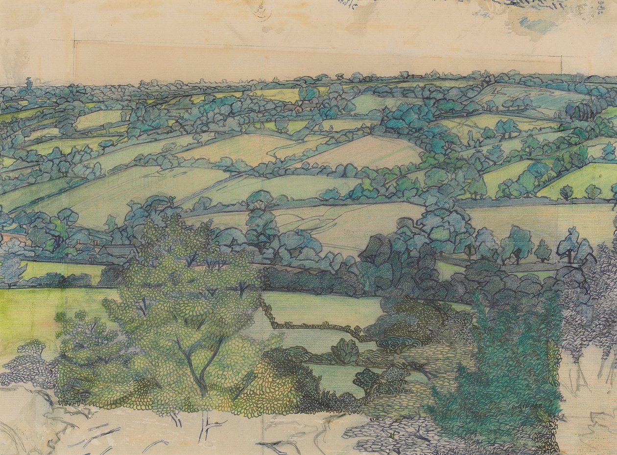 Applehayes, ok. 1912 r. (ołówek, kredka, długopis i niebieski tusz na papierze) autorstwa Charles Ginner