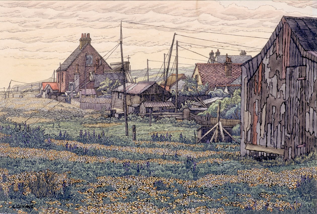 Pebbles - Rye Harbor (atrament i akwarela na tkanym papierze) autorstwa Charles Ginner