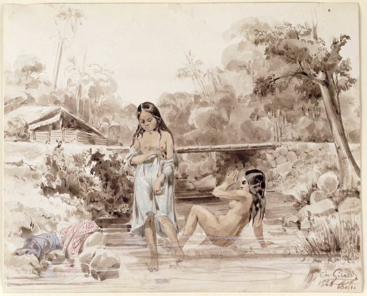 Kąpiel Tahiti, 1844 (pióro i pranie na papierze) autorstwa Charles Giraud