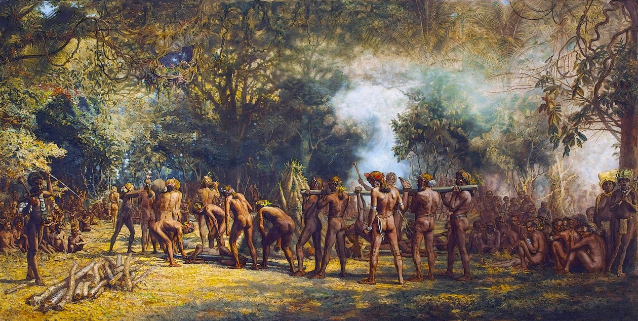 Uczta kanibali na wyspie Tanna, Vanuatu ok. 1887 (olej na płótnie) autorstwa Charles Gordon Frazer