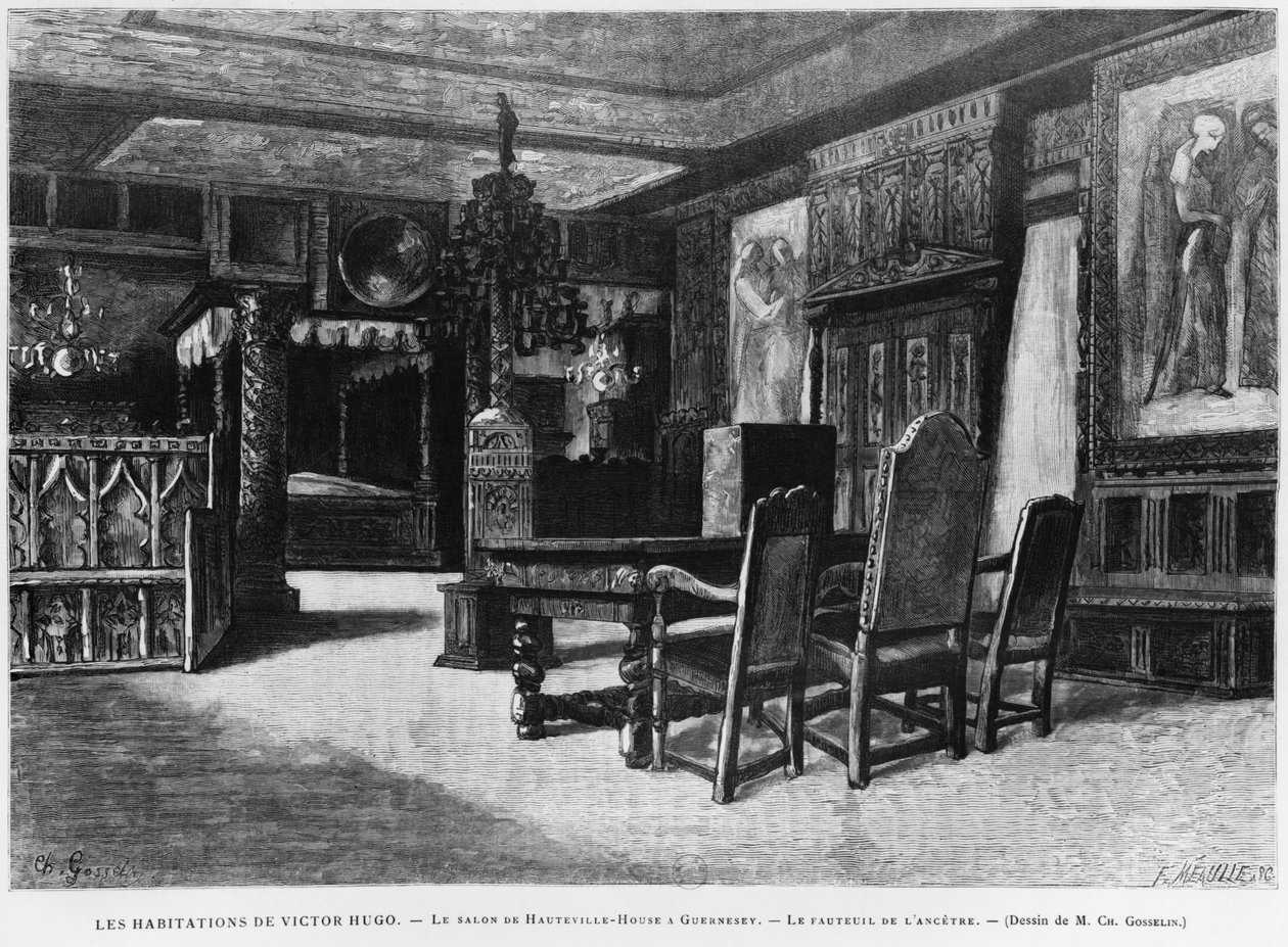 Domy Victora Hugo, salon w domu Hauteville na Guernsey, fotel przodka, grawerowany przez Fortune Louis Meaulle (1844-1901) autorstwa Charles Gosselin