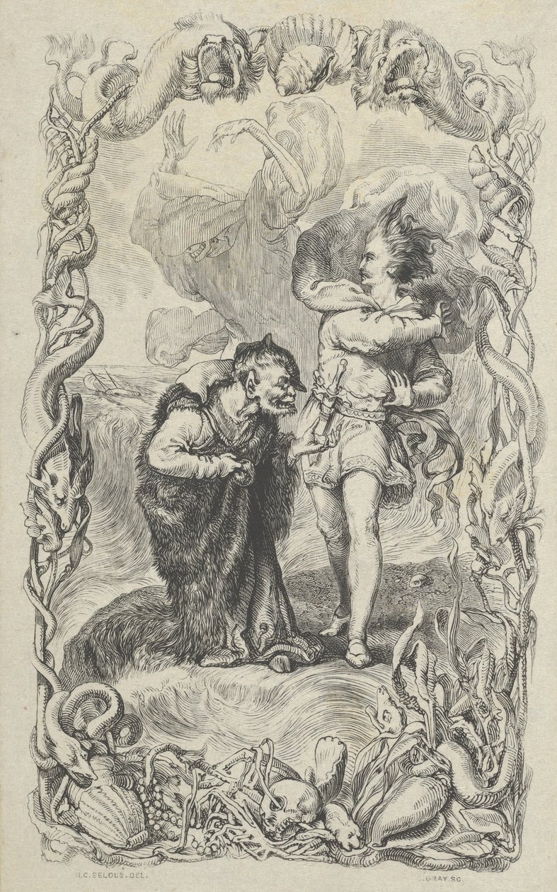 Ilustracja do Burzy: Kaliban, Ferdynand i Ariel, 1836. autorstwa Charles Gray