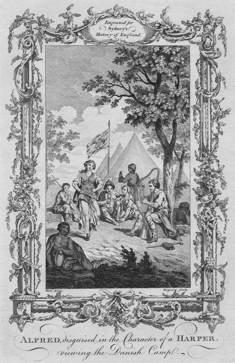 Alfred, przebrany za harfiarza, ogląda obóz duński, 1773. autorstwa Charles Grignion