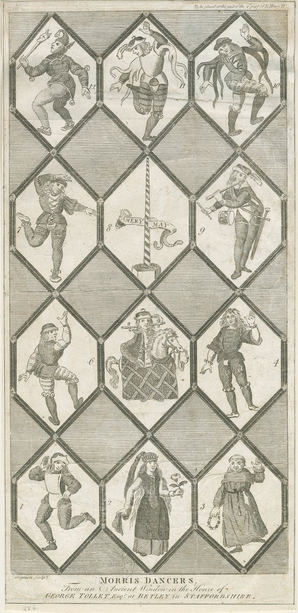 Betley Glass Window - Morris Dancers: grawerowanie i [?XVIII wiek] (druk) autorstwa Charles Grignion