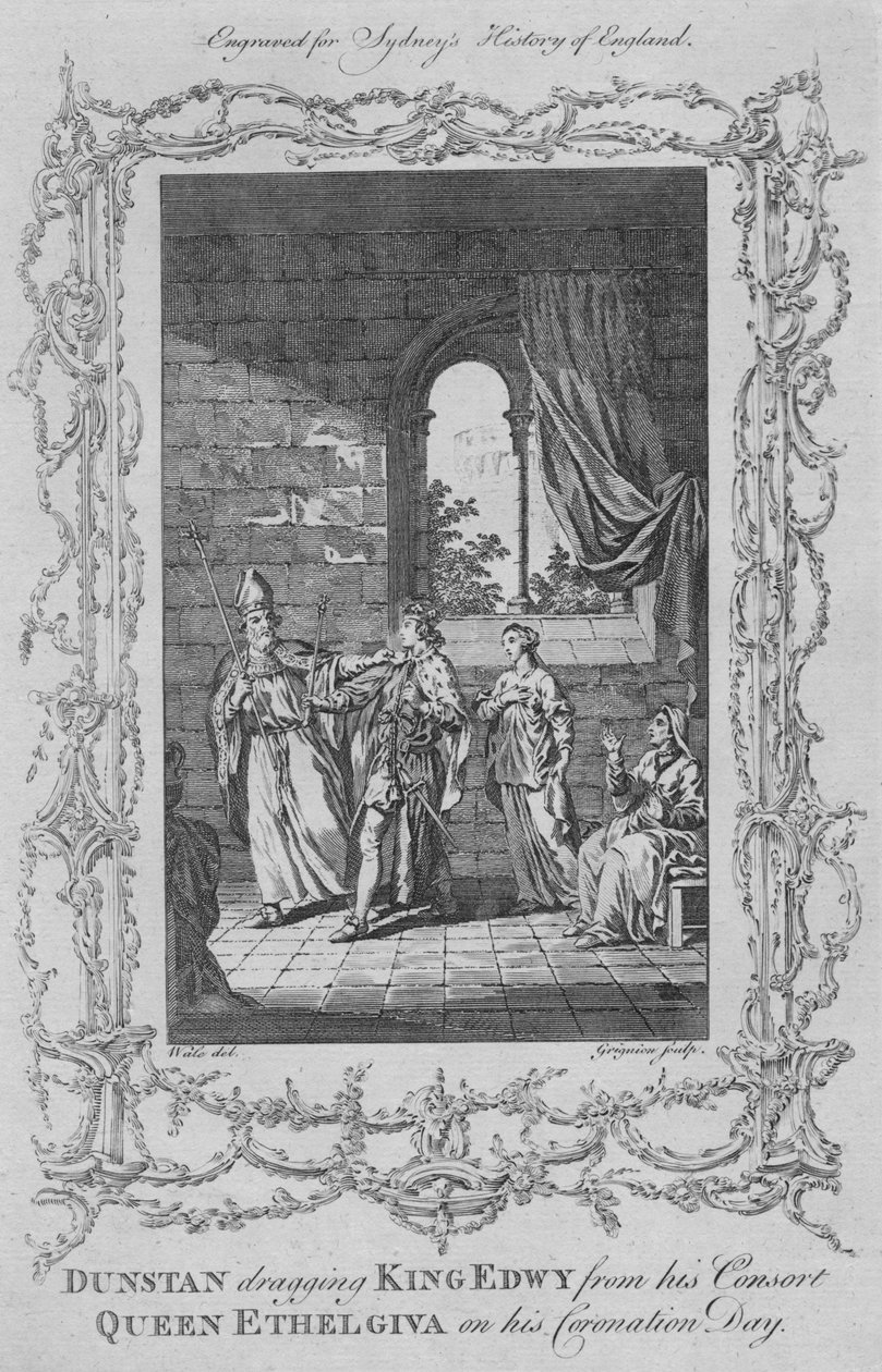 Dunstan odciągając króla Edwy od swojej małżonki królowej Ethelgivy w dniu koronacji w 1773 r. autorstwa Charles Grignion