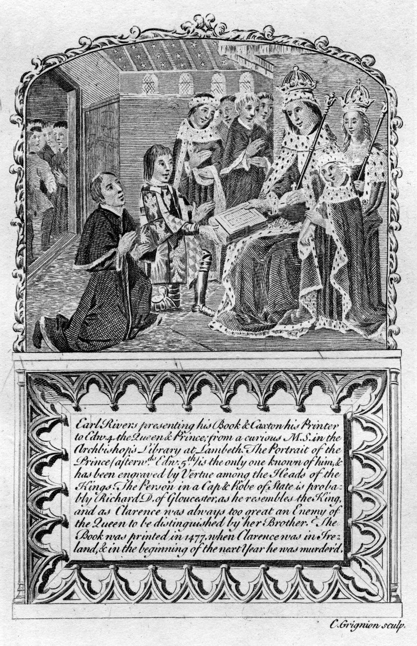 Earl Rivers przedstawia swoją książkę królowi Edwardowi IV, ok. 1477, koniec XVIII lub początek XIX wieku autorstwa Charles Grignion