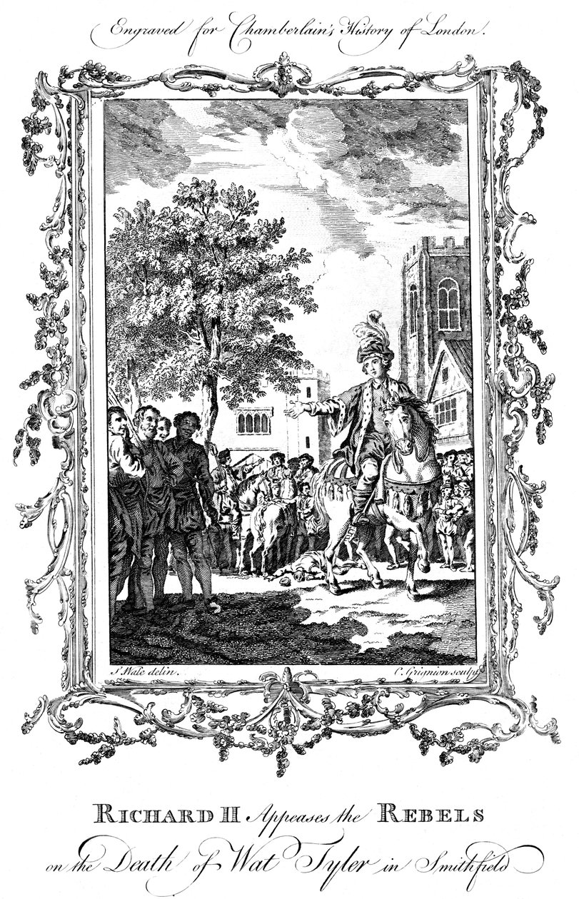 Król Ryszard II uspokaja buntowników po śmierci Wata Tylera, Smithfield, XIX wiek. autorstwa Charles Grignion