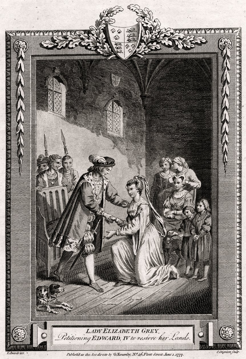 Lady Elżbieta Grey, prosząc Edwarda IV o przywrócenie jej ziem, XV wiek, 1777 autorstwa Charles Grignion