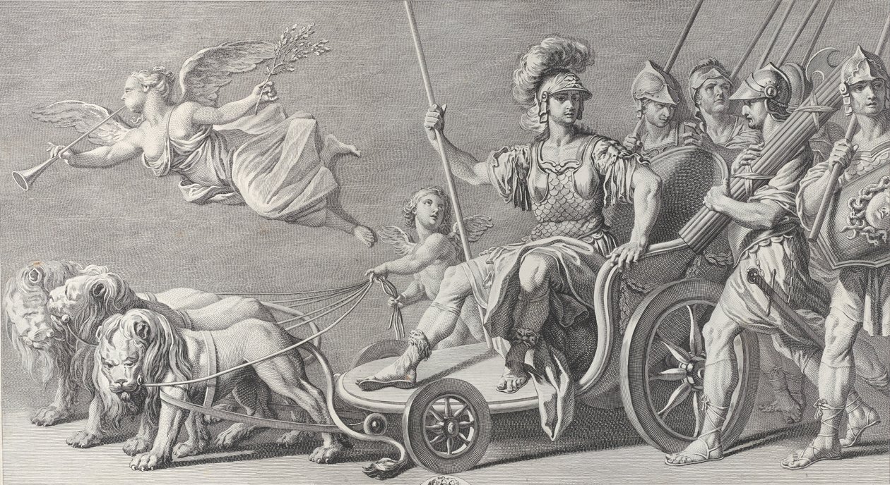 Mars na rydwanie ciągniętym przez trzy lwy, 1749. autorstwa Charles Grignion