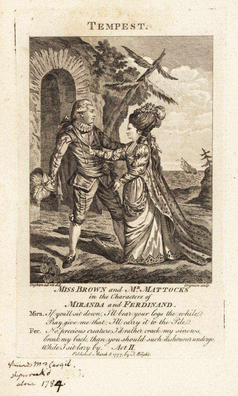 Miss Ann Brown i George Mattocks w postaciach Mirandy i Ferdynanda w operowej wersji Burzy Williama Szekspira, Covent Garden Theater autorstwa Charles Grignion