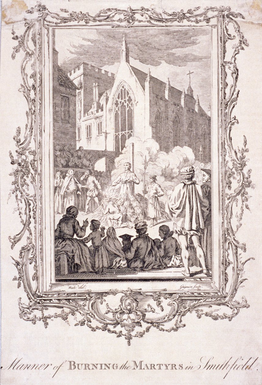 Scena spalenia protestantów w Smithfield, XVI w., ok. 1760 r. autorstwa Charles Grignion