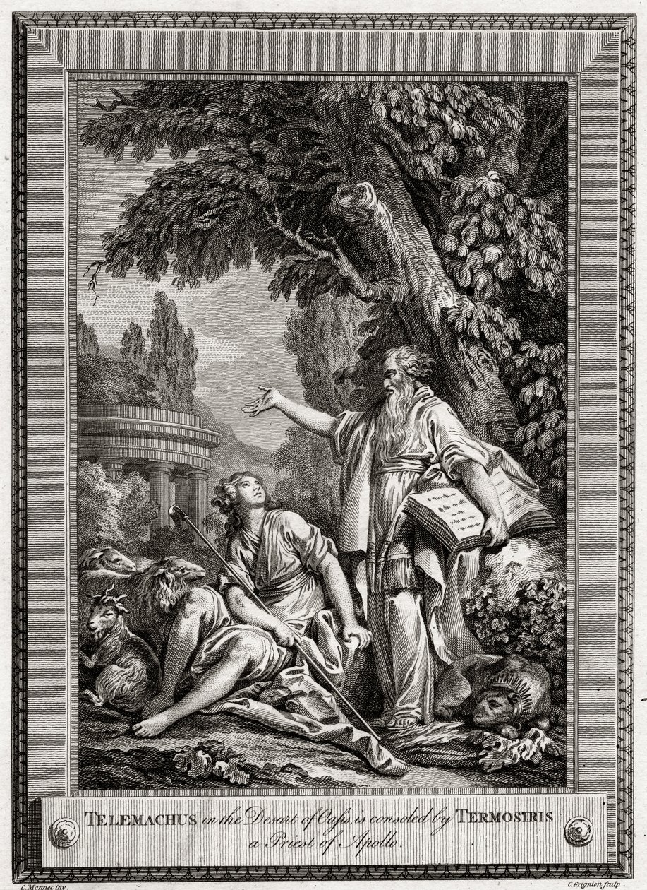 Telemach, na pustyni Oasis, jest pocieszany przez Termosirisa, kapłana Apolla, 1774. autorstwa Charles Grignion