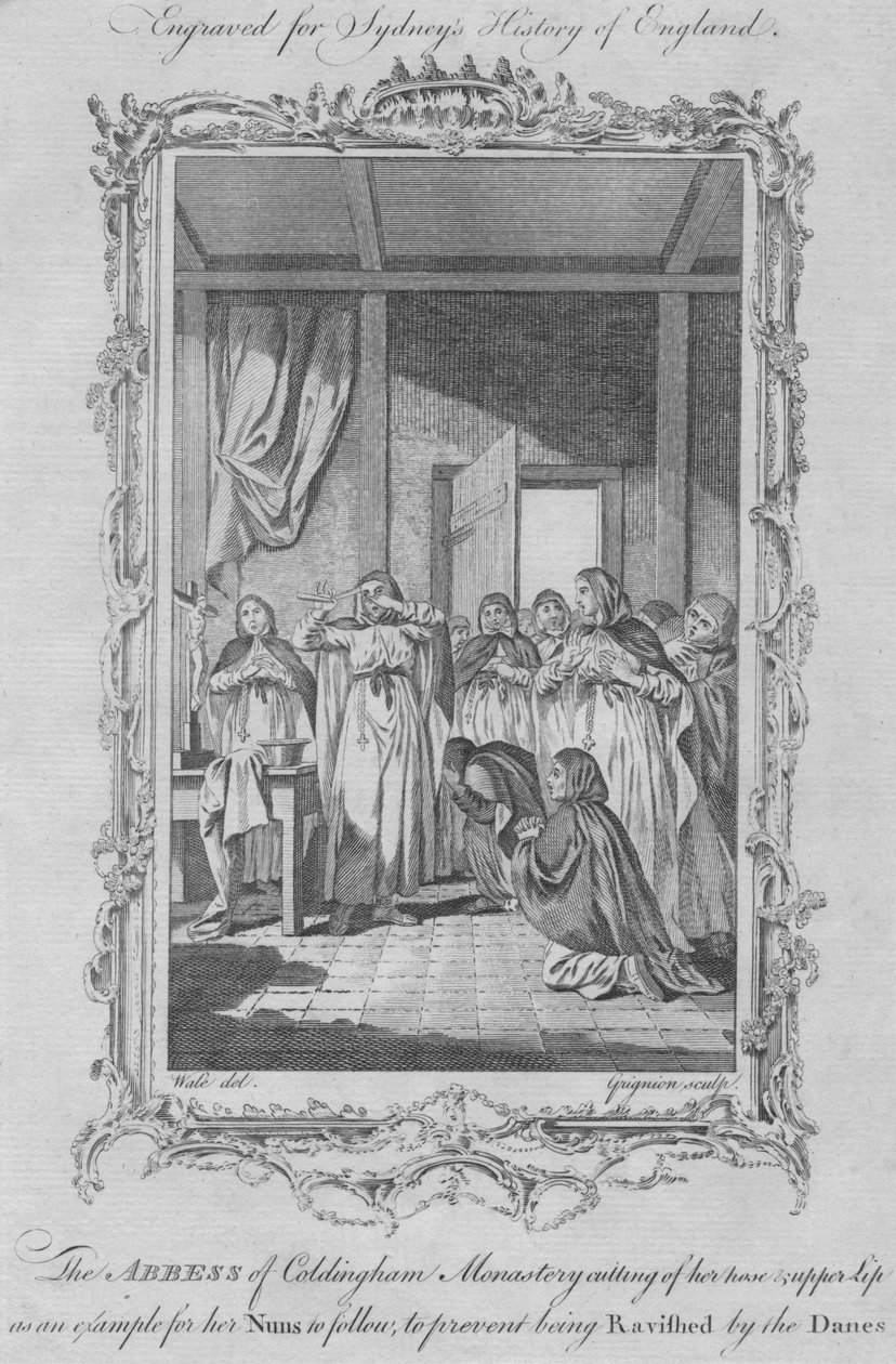 Opatka klasztoru Coldingham samookaleczająca się, aby uniknąć gwałtu dokonanego przez najeźdźców wikingów, 1773. autorstwa Charles Grignion