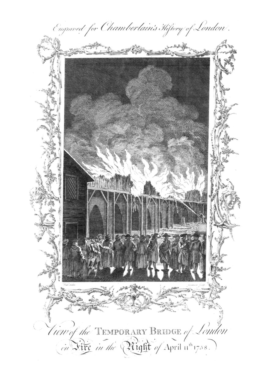 Widok na tymczasowy most Londynu w ogniu...1758., c1770 autorstwa Charles Grignion