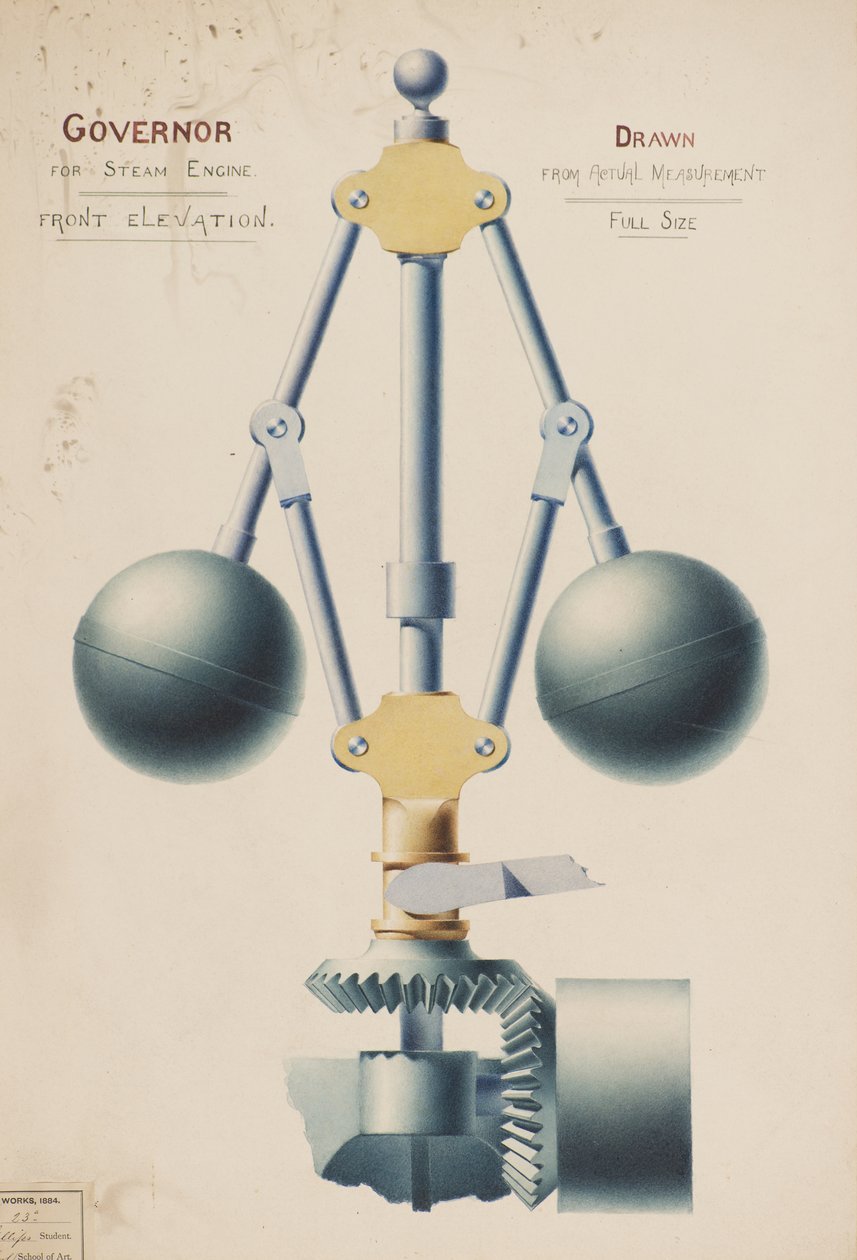 Gubernator silnika parowego - elewacja przednia, c.1882 (akwarela) autorstwa Charles Gustav Louis Phillips