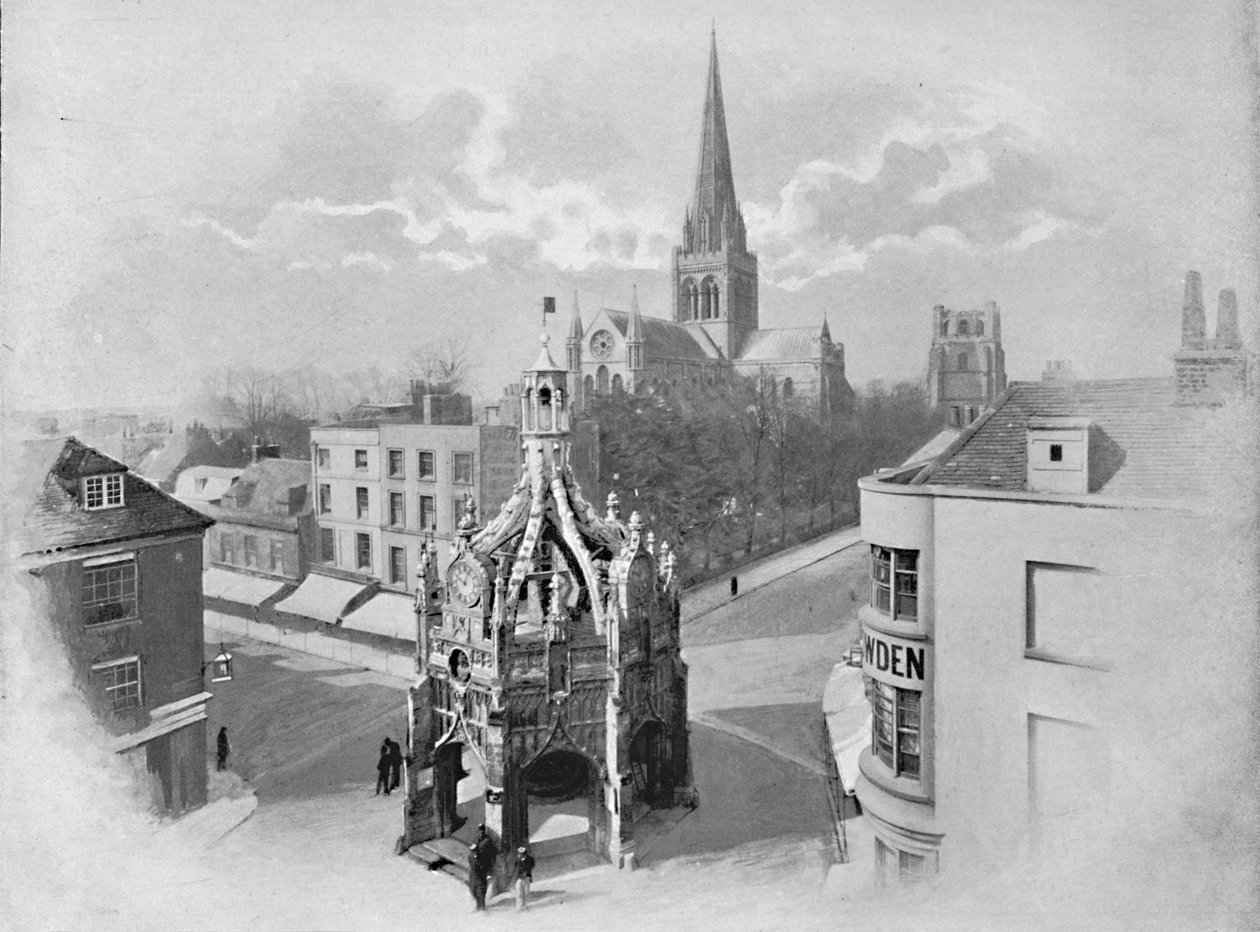 „Chichester: katedra, krzyż targowy i wieża”, c1896 r. autorstwa Charles H Barden