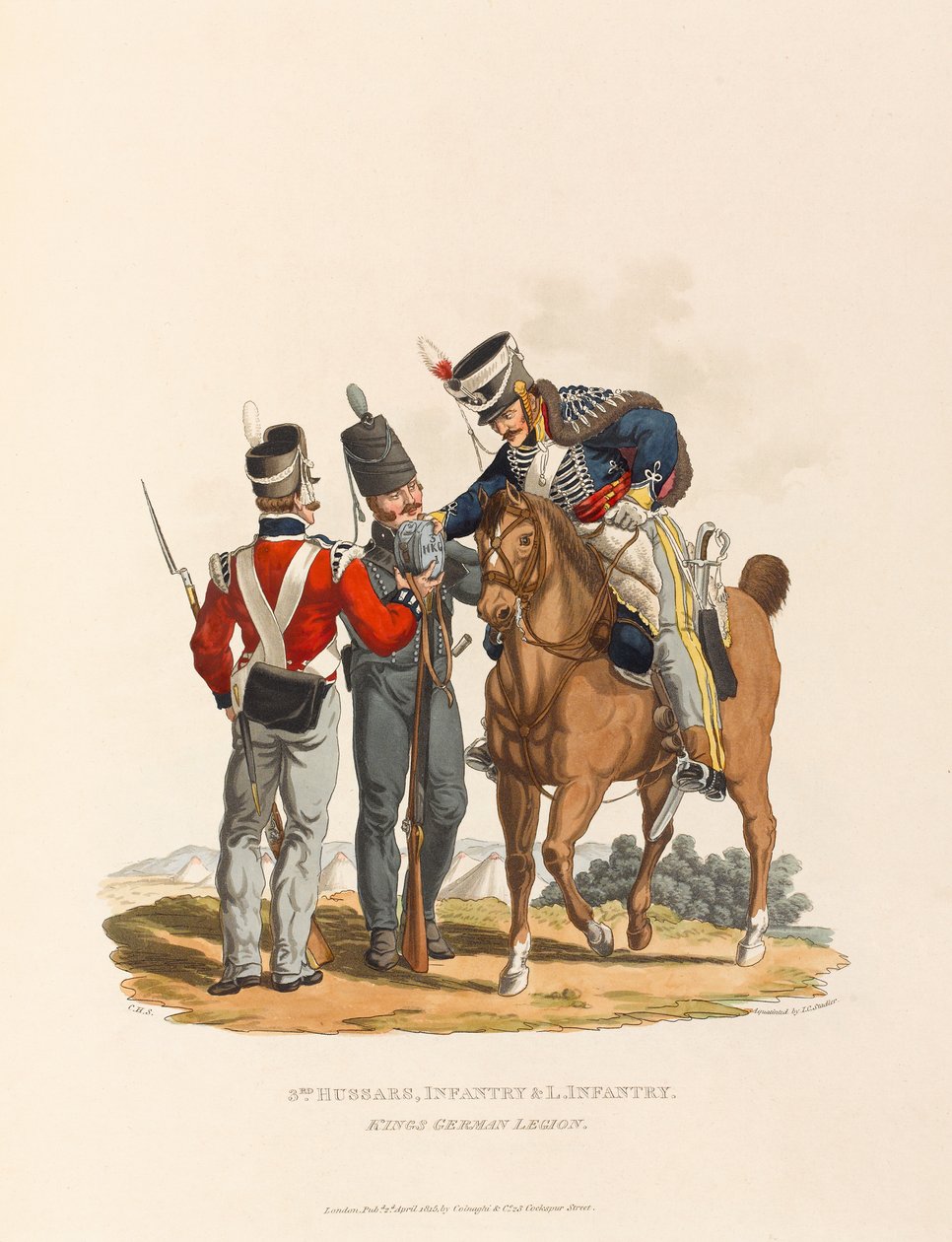 „3rd Hussars, piechota i lekka piechota. Niemiecki Legion Królewski”, ok. 1815 (akwatinta) autorstwa Charles Hamilton (after) Smith
