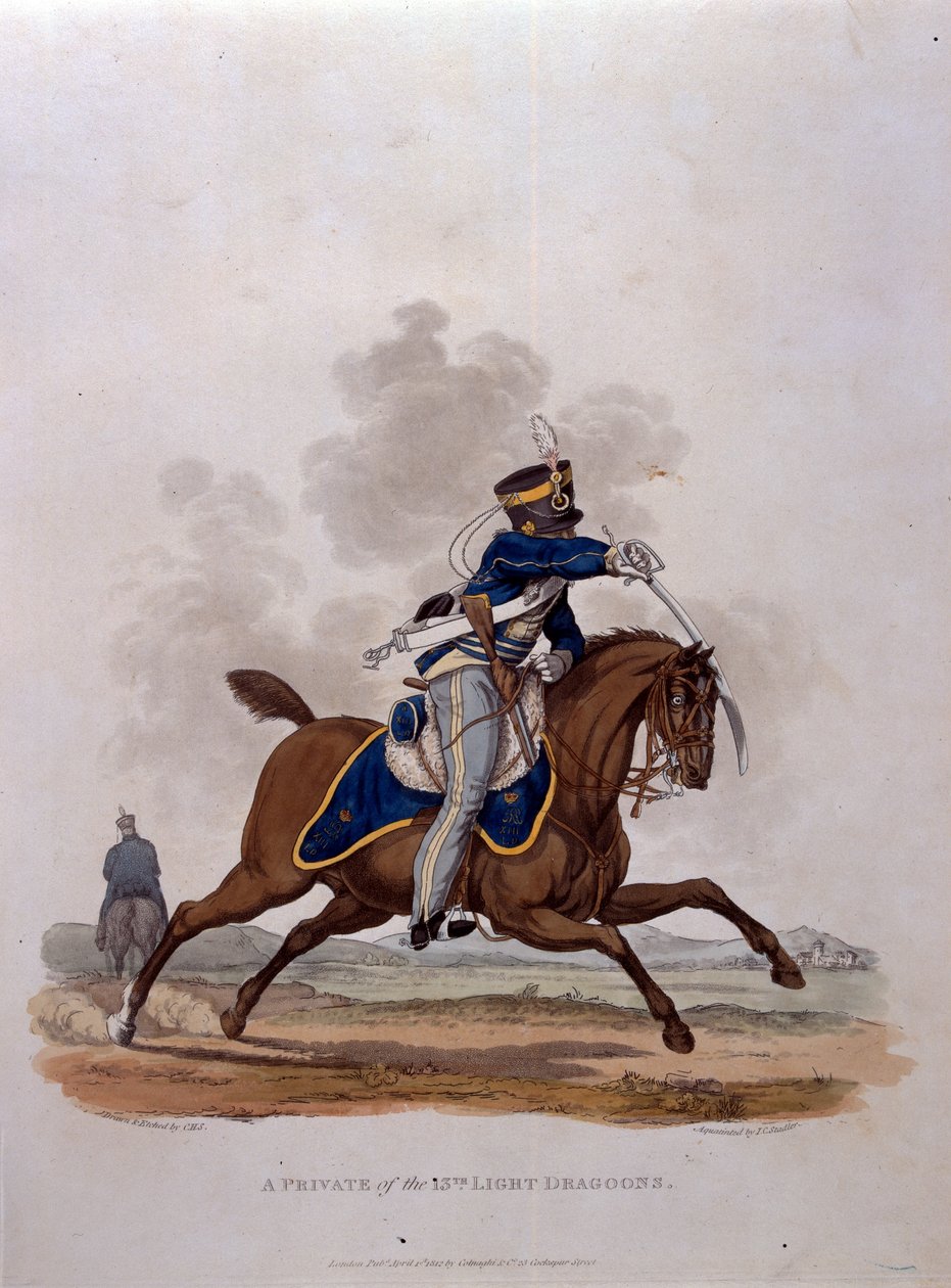 Szeregowiec z 13 pułku lekkich smoków, z „Kostiumy armii Imperium Brytyjskiego, według ostatnich przepisów z 1812 r.”, sztych. J.C. Stadler, wyd. Colnaghi und Co. 1812-15 (kolor. autorstwa Charles Hamilton Smith