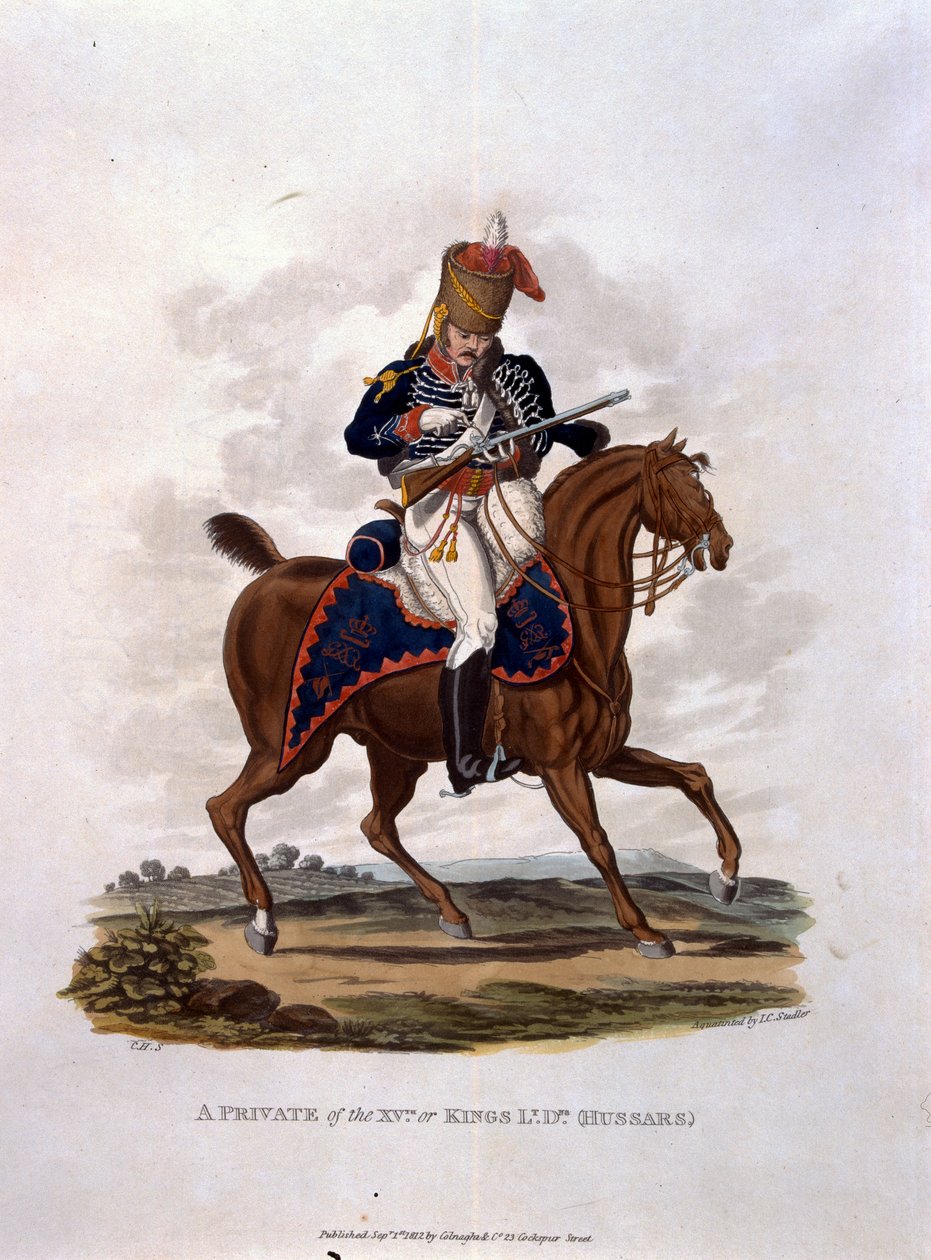 Szeregowiec XV lub Kings Hussars z „Kostiumy armii Imperium Brytyjskiego według ostatnich przepisów z 1812 r.”, sztychowane przez J.C. Stadlera, wydane przez Colnaghi und Co. 1812-15 (kolor autorstwa Charles Hamilton Smith