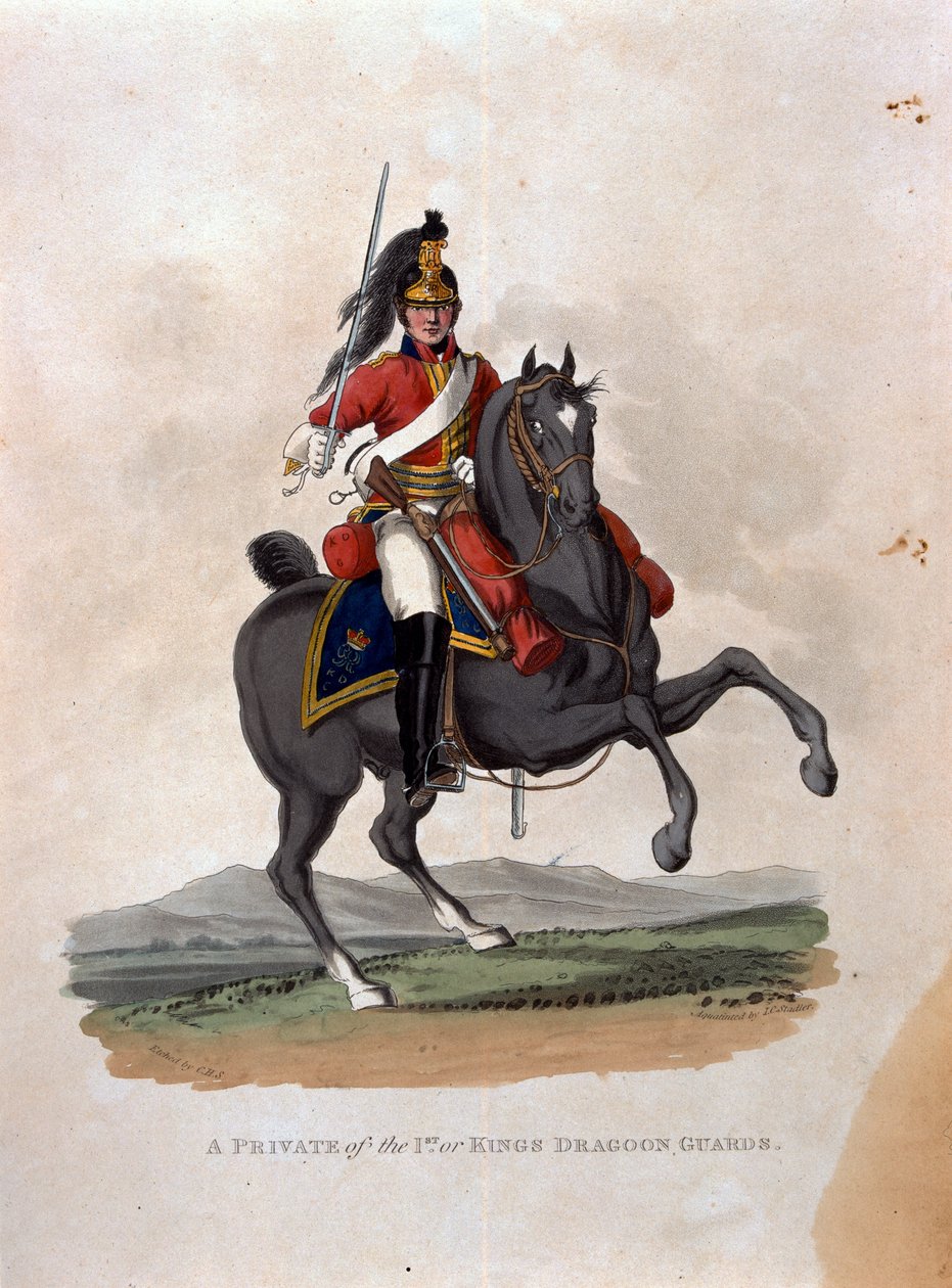 Szeregowiec 1. Królewskiej Gwardii Dragońskiej, z "Costumes of the Army of the British Empire, according to the last regulations 1812", rytowane przez J.C. Stadlera, opublikowane przez Colnaghi und Co. 1812-15 autorstwa Charles Hamilton Smith