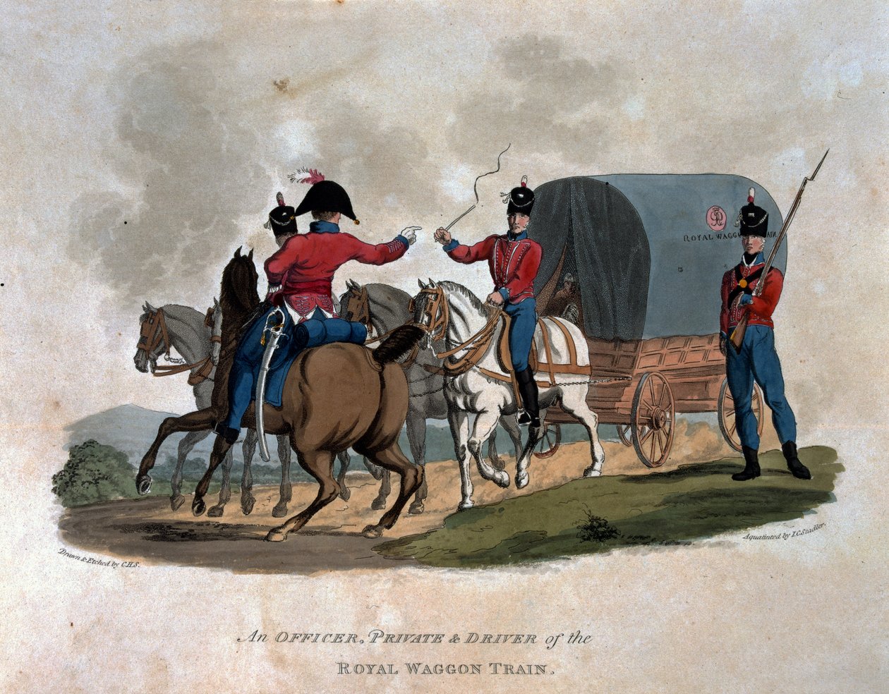 Oficer, szeregowiec i maszynista pociągu Royal Waggon z „Kostiumy armii Imperium Brytyjskiego, według ostatnich przepisów z 1812 r.”, sztych. J.C. Stadler, wyd. Colnaghi und autorstwa Charles Hamilton Smith