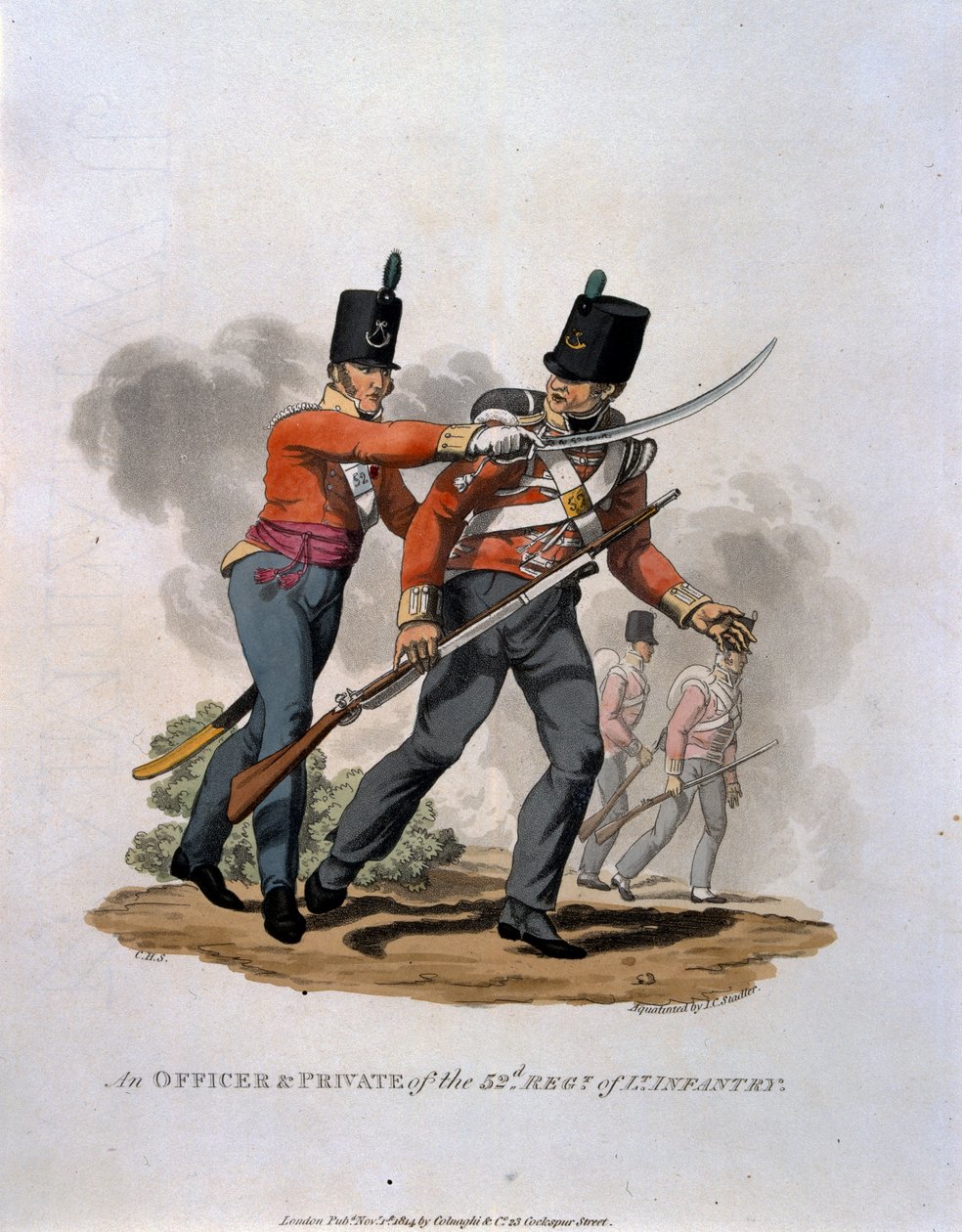 Oficer i szeregowiec 53 Pułku Piechoty Lekkiej, z „Kostiumy Armii Imperium Brytyjskiego, według ostatnich przepisów z 1812 r.”, sztych. J.C. Stadler, wyd. Colnagh autorstwa Charles Hamilton Smith