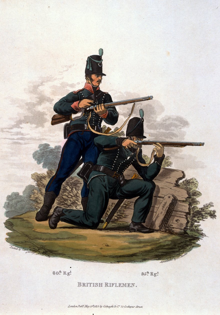 Brytyjscy strzelcy, z „Kostiumy armii Imperium Brytyjskiego według ostatnich przepisów z 1812 r.”, sztychowane przez J.C. Stadlera, wyd. Colnaghi und Co. 1812-15 (akwatinta kolorowa) autorstwa Charles Hamilton Smith