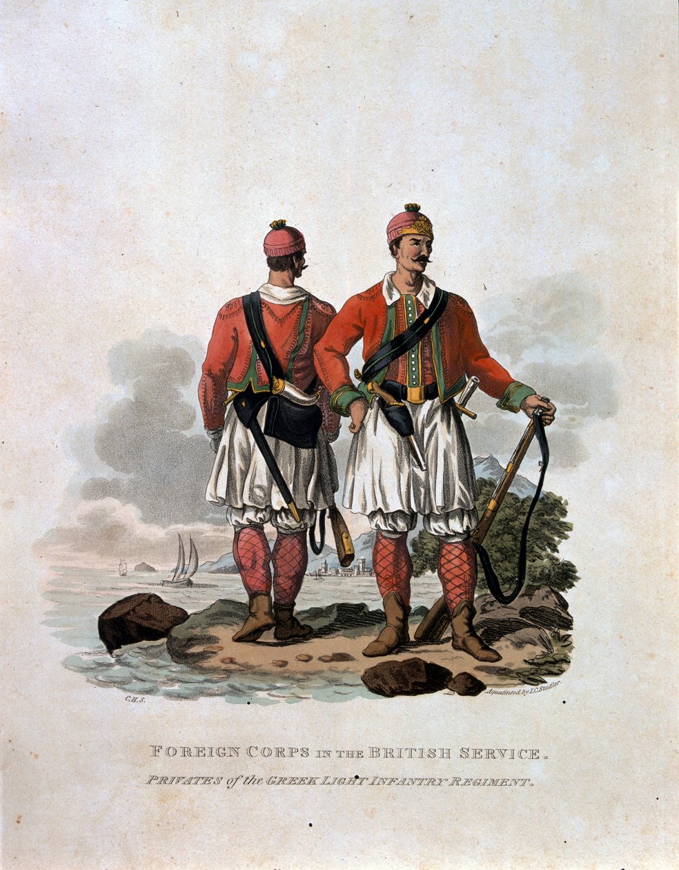 Korpus Zagraniczny w służbie brytyjskiej, szeregowcy greckiego pułku piechoty lekkiej, z „Kostiumy armii Imperium Brytyjskiego, według ostatnich przepisów z 1812 r.”, ryt. J.C. Stadler autorstwa Charles Hamilton Smith
