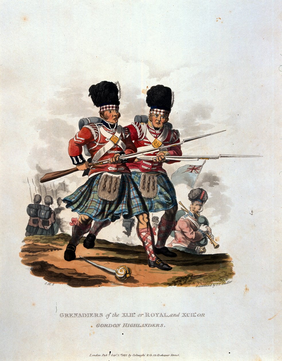 Grenadierzy 42. (lub Royal) i 141. lub, Gordon Highlanders, z "Costumes of the Army of the British Empire, according to the last regulations 1812", rytowane przez J.C. Stadlera, opublikowane przez Co. autorstwa Charles Hamilton Smith