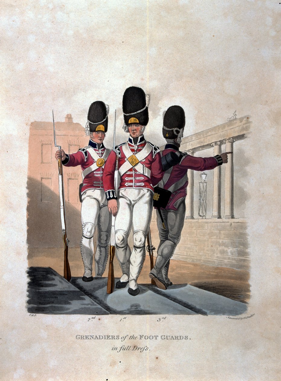 Grenadierzy Gwardii Pieszej w pełnym stroju, z „Kostiumy armii Imperium Brytyjskiego, według ostatnich przepisów z 1812 r.”, sztychowane przez J.C. Stadlera, wydane przez Colnaghi und Co. 1812-15 (c autorstwa Charles Hamilton Smith