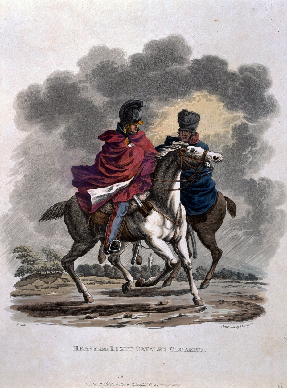 Ciężka i lekka kawaleria w płaszczu, z „Kostiumy armii Imperium Brytyjskiego, zgodnie z ostatnimi przepisami z 1812 r.”, sztychowana przez J.C. Stadlera, opublikowana przez Colnaghi und Co. 1812-15 (kolor aqua autorstwa Charles Hamilton Smith
