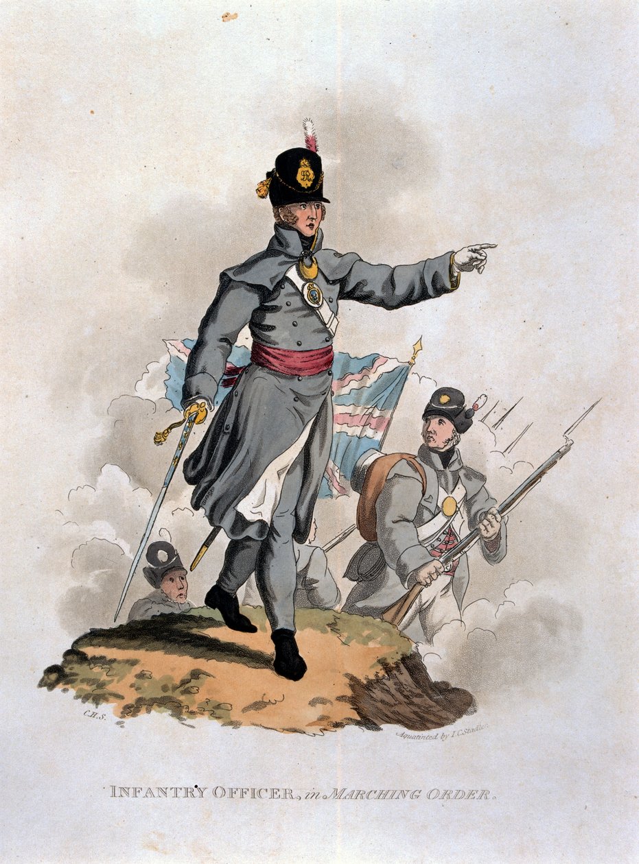 Oficer piechoty w rozkazie marszowym, z „Kostiumy Armii Imperium Brytyjskiego, według ostatnich przepisów z 1812 r.”, sztych. J.C. Stadler, wyd. Colnaghi und Co. 1812-15 (kolor. autorstwa Charles Hamilton Smith