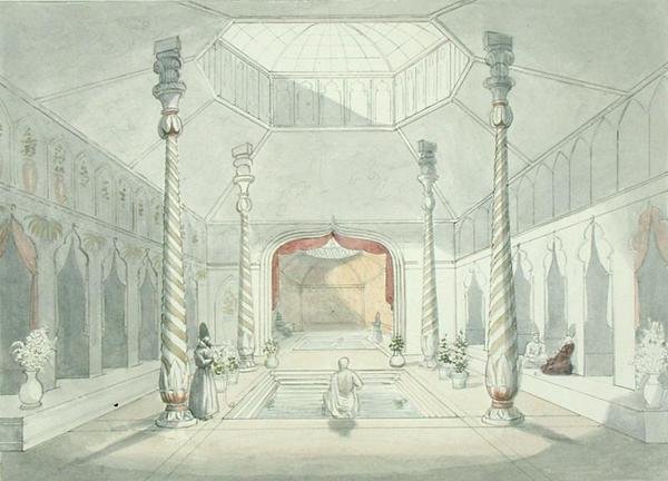 Wnętrze łaźni perskiej w Kermanshah (akwarela na papierze) autorstwa Charles Hamilton Smith