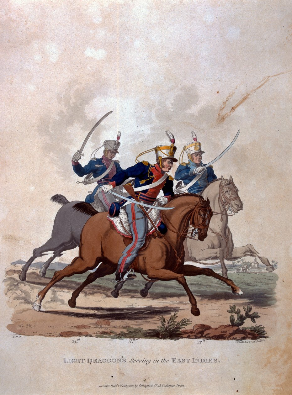 Lekkie smoki służące Indiom Wschodnim, z „Kostiumy armii Imperium Brytyjskiego, według ostatnich przepisów z 1812 r.”, sztychowane przez J.C. Stadlera, wydane przez Colnaghi und Co. 1812-15 (kolor autorstwa Charles Hamilton Smith