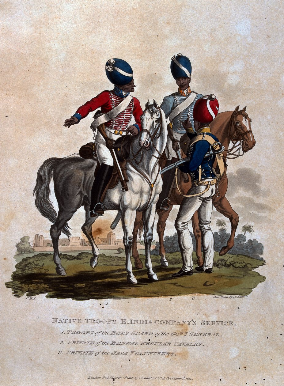Oddziały tubylcze, Służba Kompanii Wschodnioindyjskiej, Oddziały Gwardii Gubernatora Generalnego, Szeregowcy Regularni Bengalscy, z "Kostiumów Armii Imperium Brytyjskiego, zgodnie z ostatnią rewizją". autorstwa Charles Hamilton Smith