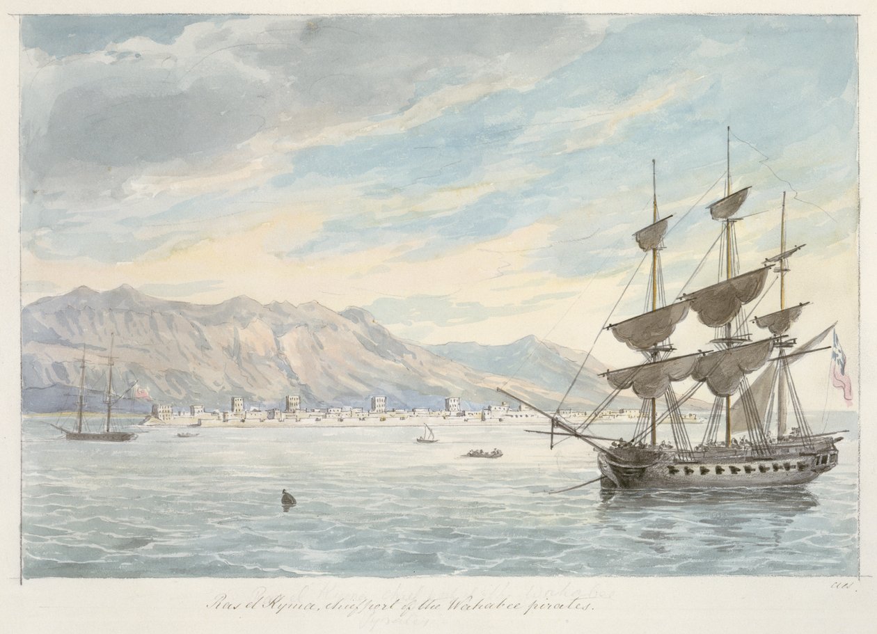 Ras el Kijma, główny port piratów Wakabee, ok. XIX w. (grafit i akwarela) autorstwa Charles Hamilton Smith