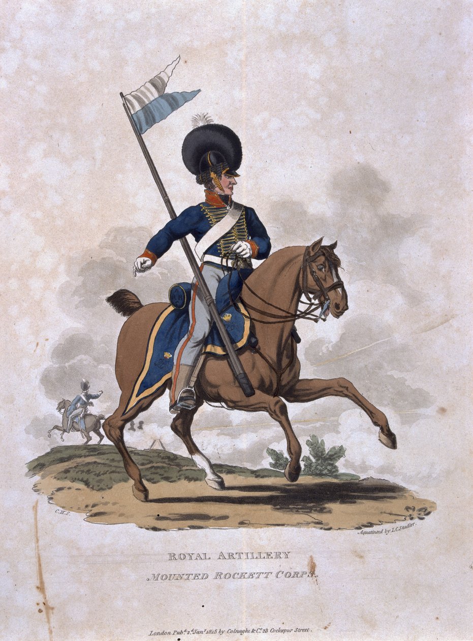 Royal Artillery Mounted Rockett Corps, z „Kostiumy armii Imperium Brytyjskiego, zgodnie z ostatnimi przepisami z 1812 roku”, sztychowane przez J.C. Stadlera, wydane przez Colnaghi und Co. 1812-15 (kolor autorstwa Charles Hamilton Smith