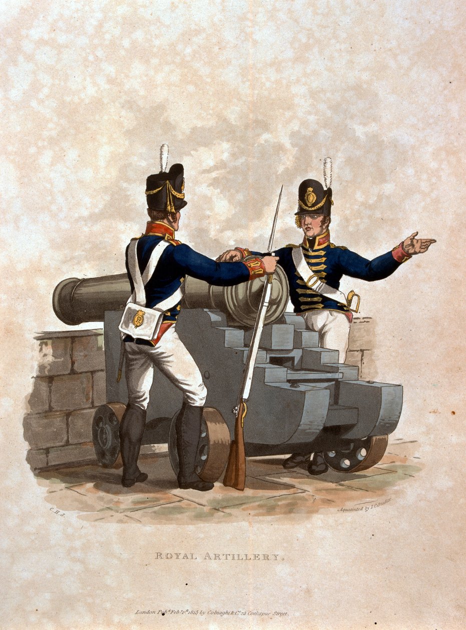 Royal Artillery, z „Kostiumy armii Imperium Brytyjskiego według ostatnich przepisów z 1812 r.”, sztych. J.C. Stadler, wyd. Colnaghi und Co. 1812-15 (akwatinta kolorowa) autorstwa Charles Hamilton Smith