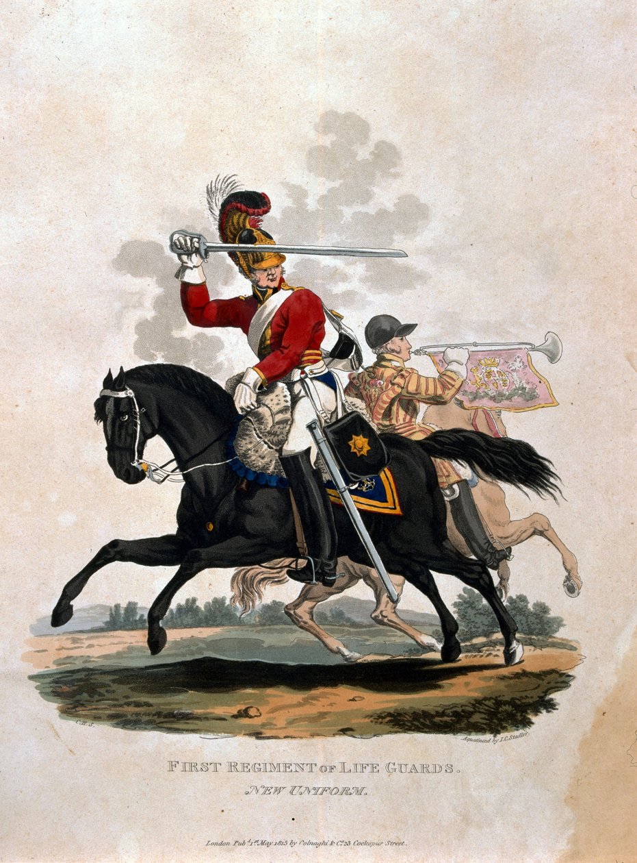 Żołnierz I Pułku Strażników Życia, z „Kostium Armii Imperium Brytyjskiego, według ostatnich przepisów 1812”, sztych. J.C. Stadler, wyd. Colnaghi und Co. 1812-15 autorstwa Charles Hamilton Smith