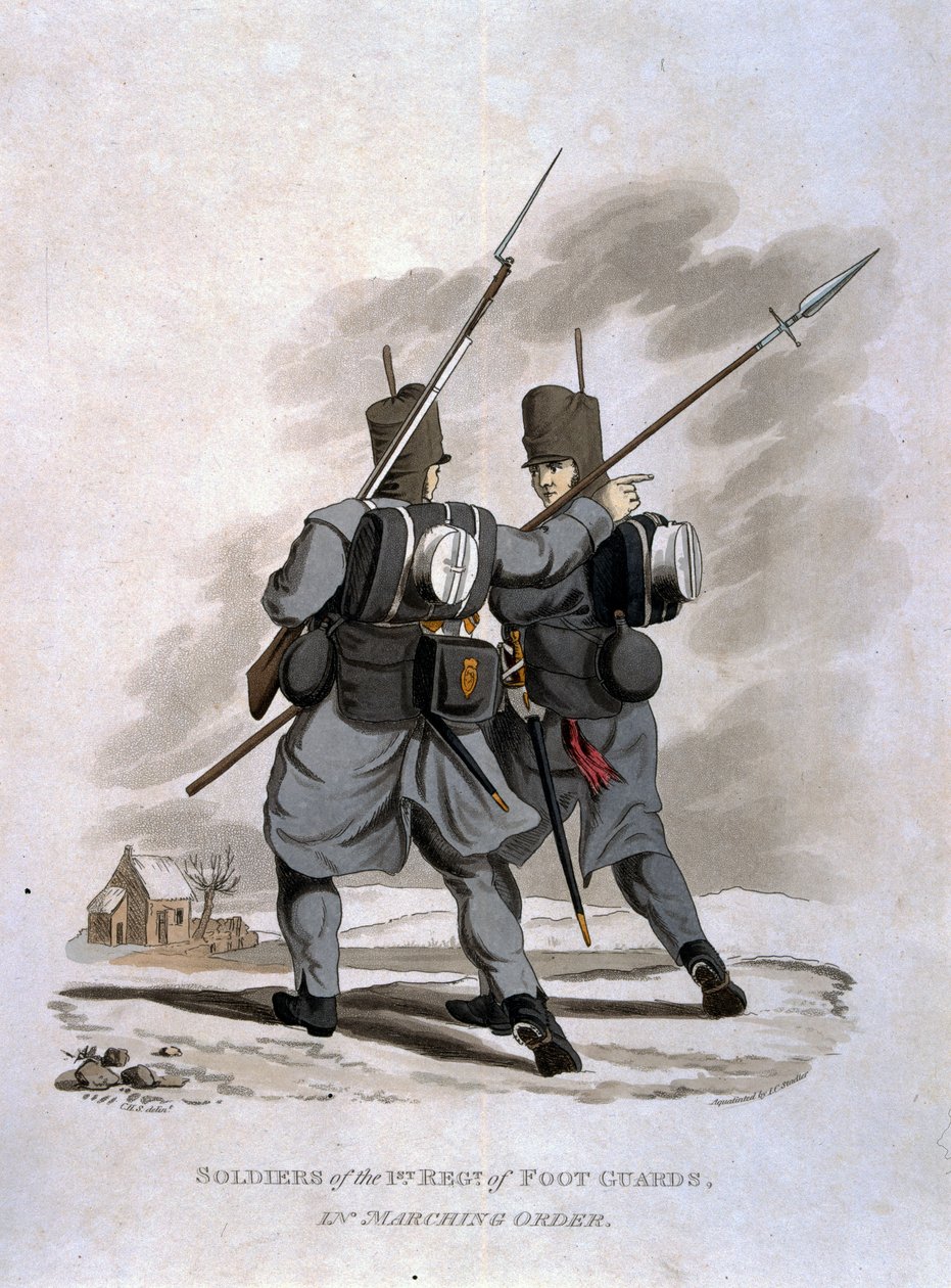 Żołnierze 1 Pułku Gwardii Pieszej w Rozkazie Marszowym, z „Kostiumy Armii Imperium Brytyjskiego, według ostatnich przepisów 1812”, ryt. J.C. Stadler, wyd. Colnagh autorstwa Charles Hamilton Smith